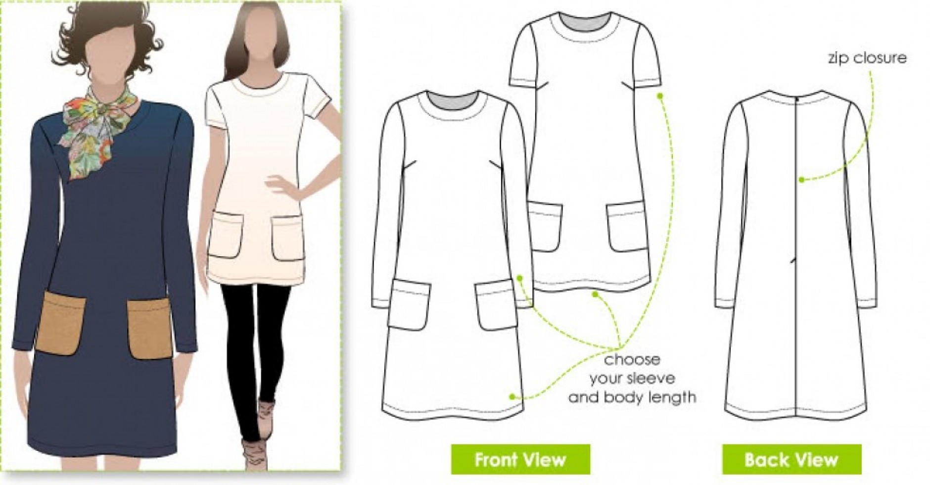 Navy dress pattern with two front pockets, featuring options for sleeve and body length, alongside a back view with a zip closure.