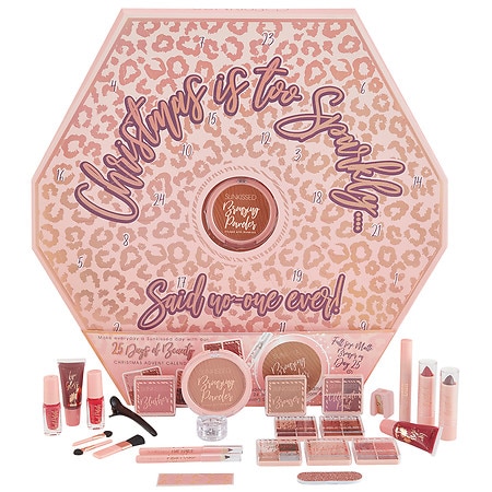Sunkissed 25 Days of Beauty Advent Calendar features a pink leopard print design, showcasing various beauty products including lip glosses, blushes, and makeup tools in a festive layout.