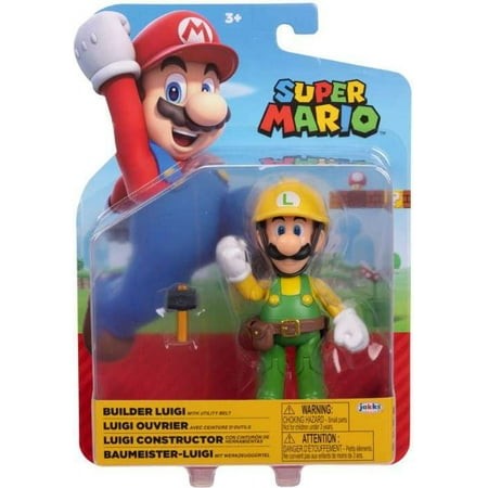 Builder Luigi figure in green overalls and yellow hard hat, holding a tool, packaged with vibrant Super Mario graphics and a warning label.
