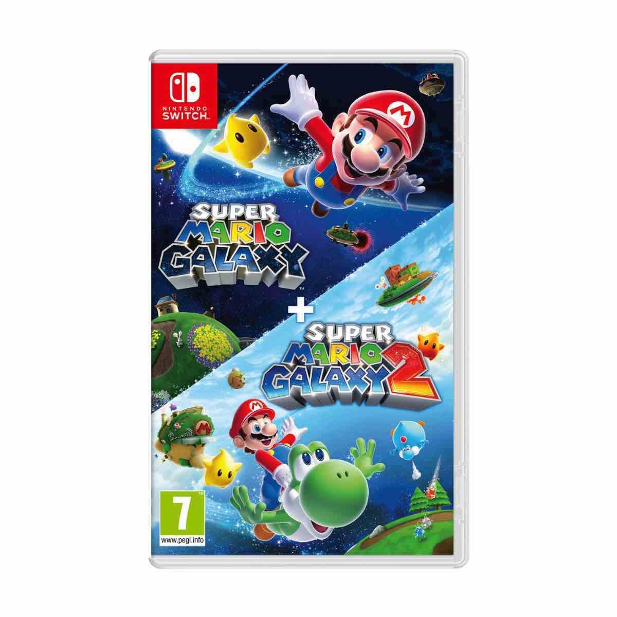 Nintendo Switch game case featuring "Super Mario Galaxy" and "Super Mario Galaxy 2," with colorful graphics of Mario, Yoshi, and planets, plus a microfiber cloth.