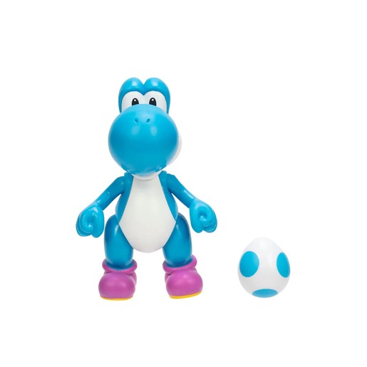 Light blue Yoshi figure stands 10cm tall with a white belly, purple shoes, and a small white egg with blue spots beside it, made from durable plastic.
