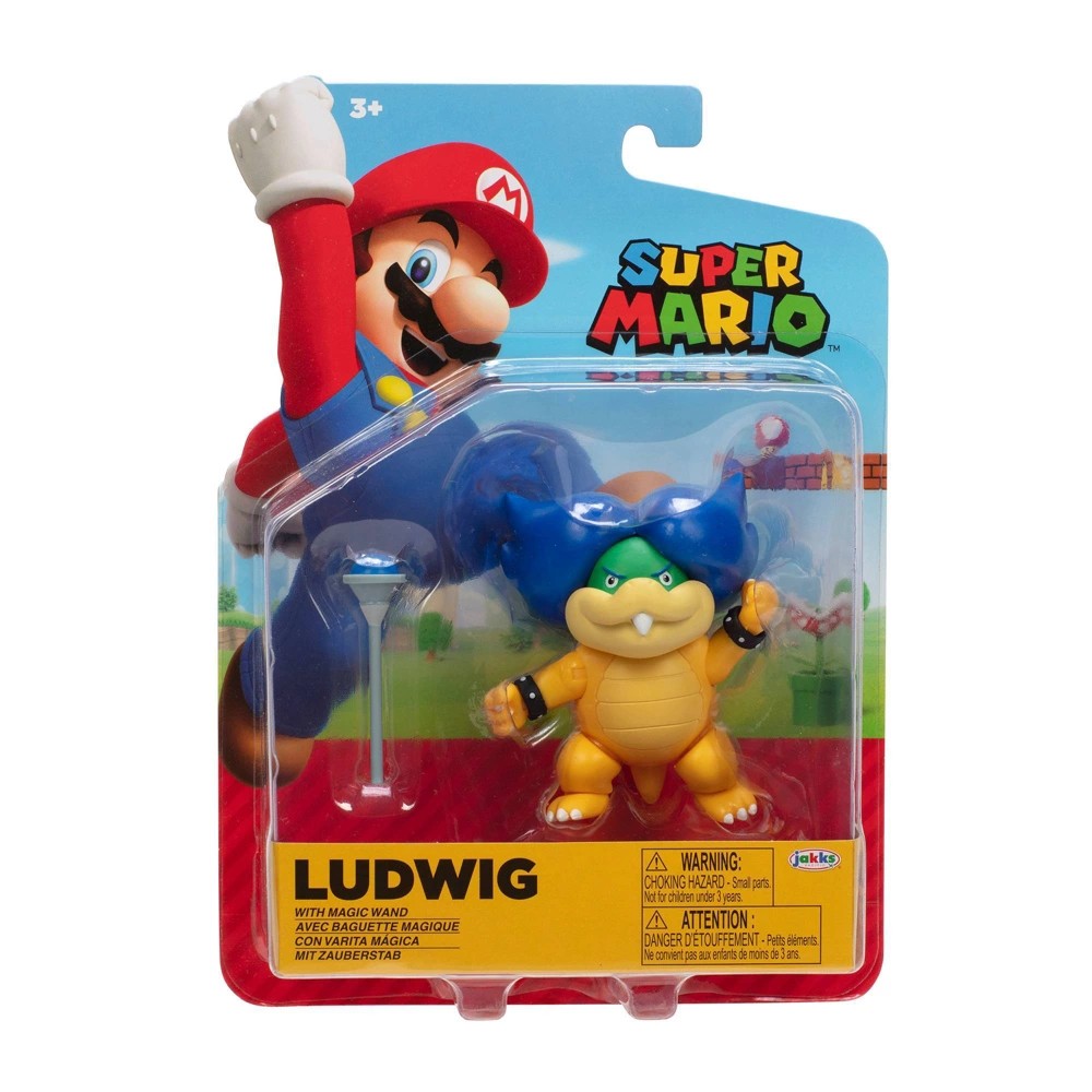 Ludwig figure from Super Mario, featuring a blue spiky shell, green glasses, and a yellow body, packaged with Mario in a colorful blister pack.
