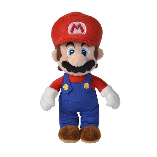 Soft plush toy of Mario, featuring a red cap with an 'M', blue overalls, white gloves, and a black mustache, with embroidered eyes and a smiling expression.