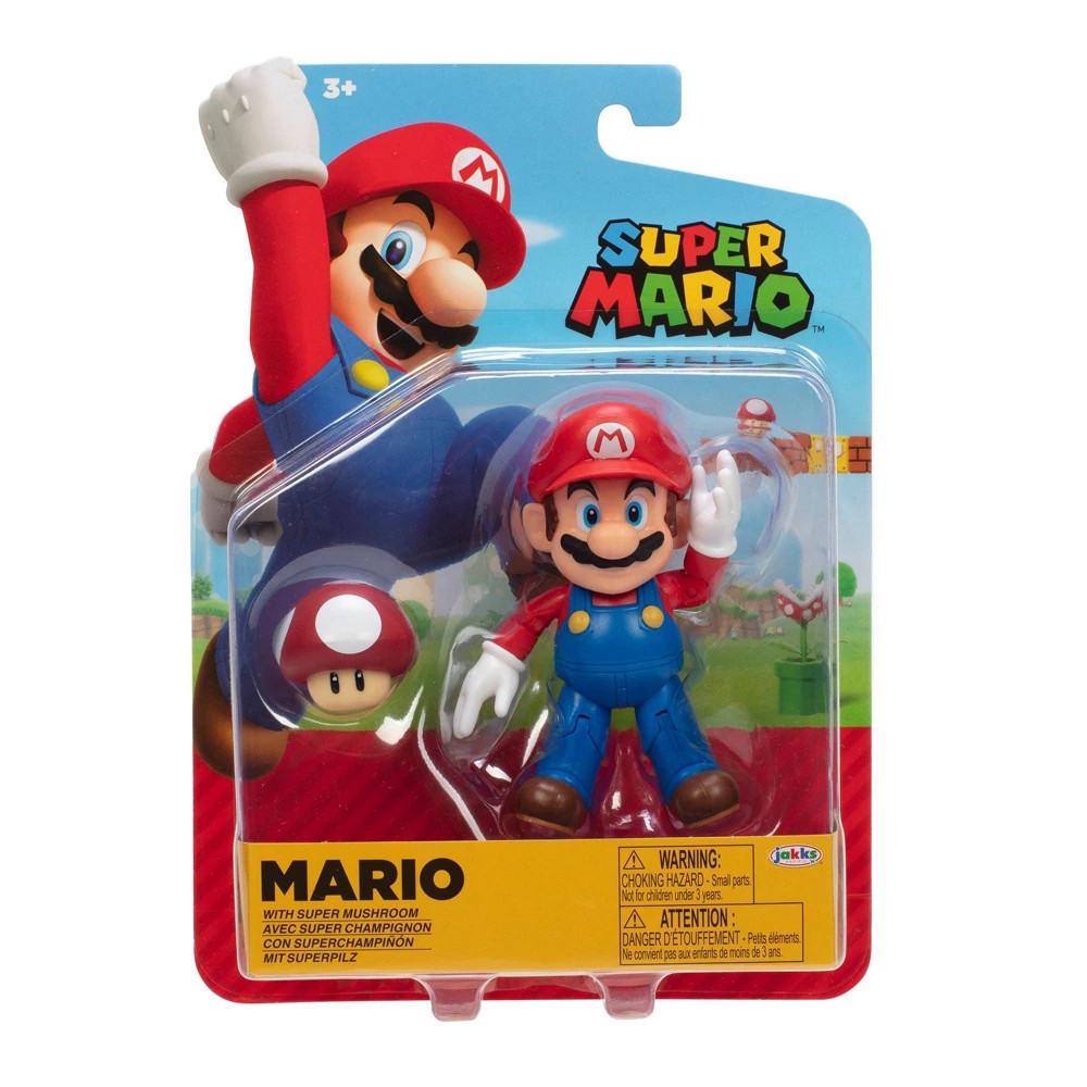 Super Mario Mushroom Figure features a red and white mushroom with a glossy finish, accompanied by a small Mario figure in blue overalls and a red cap, packaged in colorful cardboard.