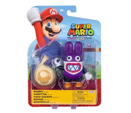 Nabbit figure in purple with a mischievous grin, holding a bag, packaged with a colorful Super Mario backdrop featuring Mario in his iconic red hat and blue overalls.