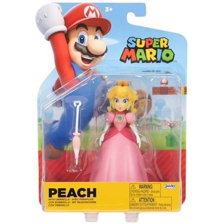 Peach figure dressed in a pink gown, holding a white umbrella, packaged with a colorful Super Mario backdrop featuring Mario in a red cap.