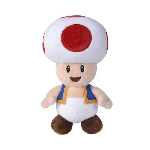 Toad plush toy featuring a white body with a blue vest and brown shoes, topped with a large white mushroom cap adorned with red spots, smiling cheerfully.