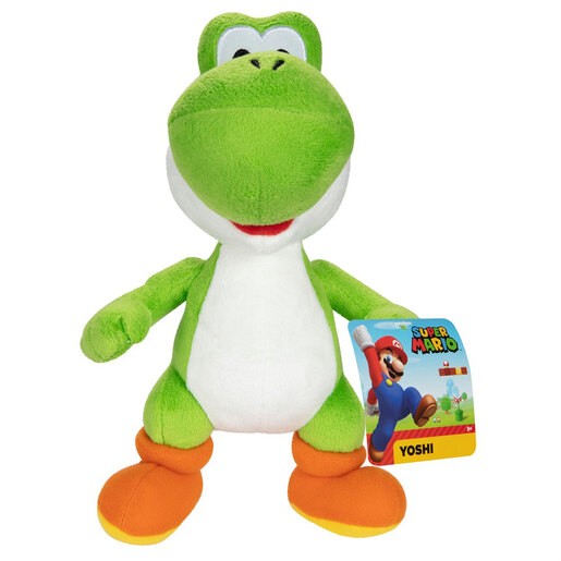 Green Yoshi soft toy with a white belly, orange shoes, and large eyes, featuring a smiling expression and a tag displaying Super Mario branding.