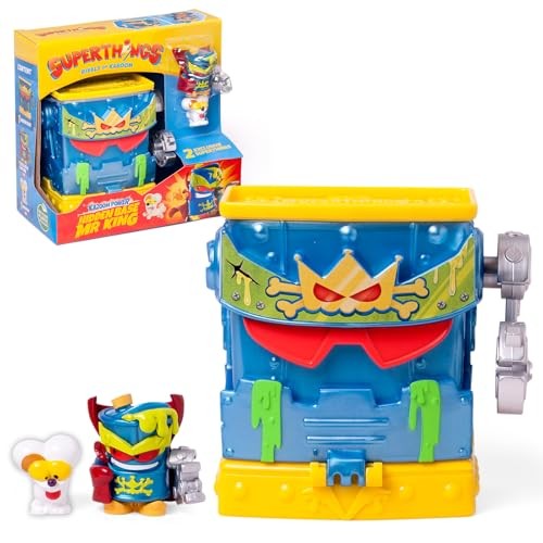 Colorful SuperThings Hidden Base Playset features a blue and yellow trash can design with a crown and skull motif, includes a red and blue character and a small accessory.