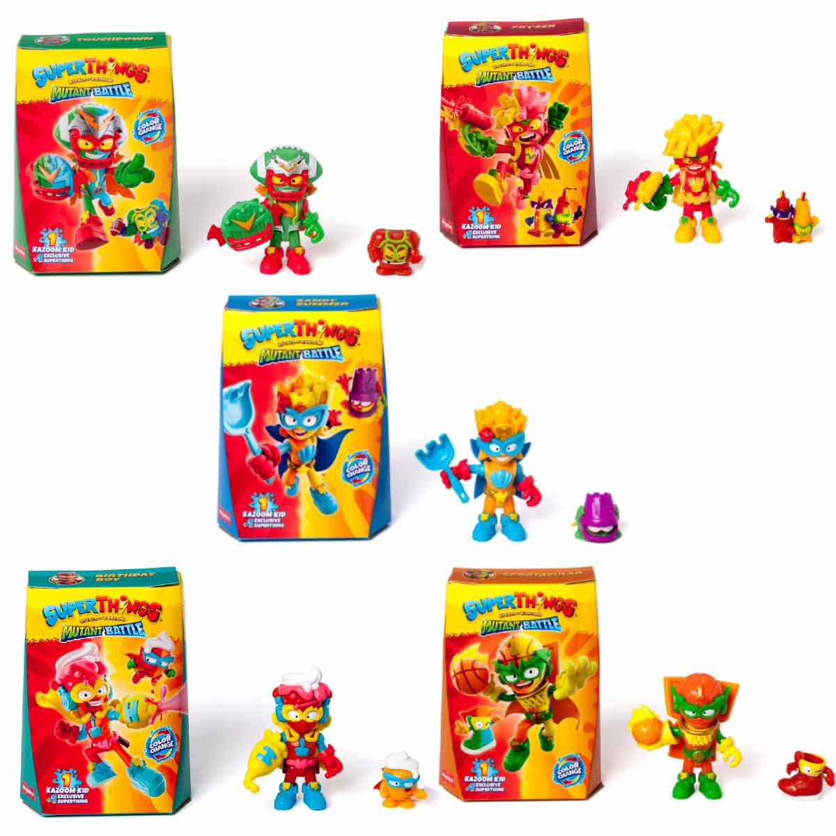 Colorful plastic figures featuring various characters with distinct facial expressions and accessories, displayed alongside vibrant packaging showcasing the SuperThings logo and character designs.