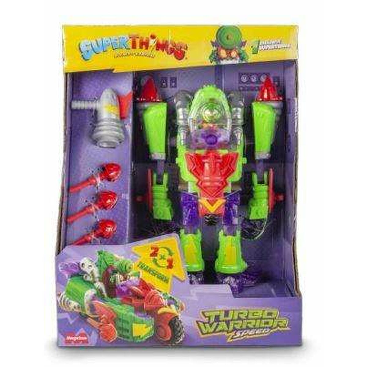 Brightly colored 2-in-1 transforming collectible figure featuring green, purple, and red elements, with accessories like a blaster and detachable parts, packaged in a vibrant box.