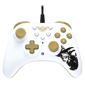 White wired controller featuring gold accents, a D-pad, four action buttons labeled A, B, X, Y, and a Zelda-themed graphic on one side.