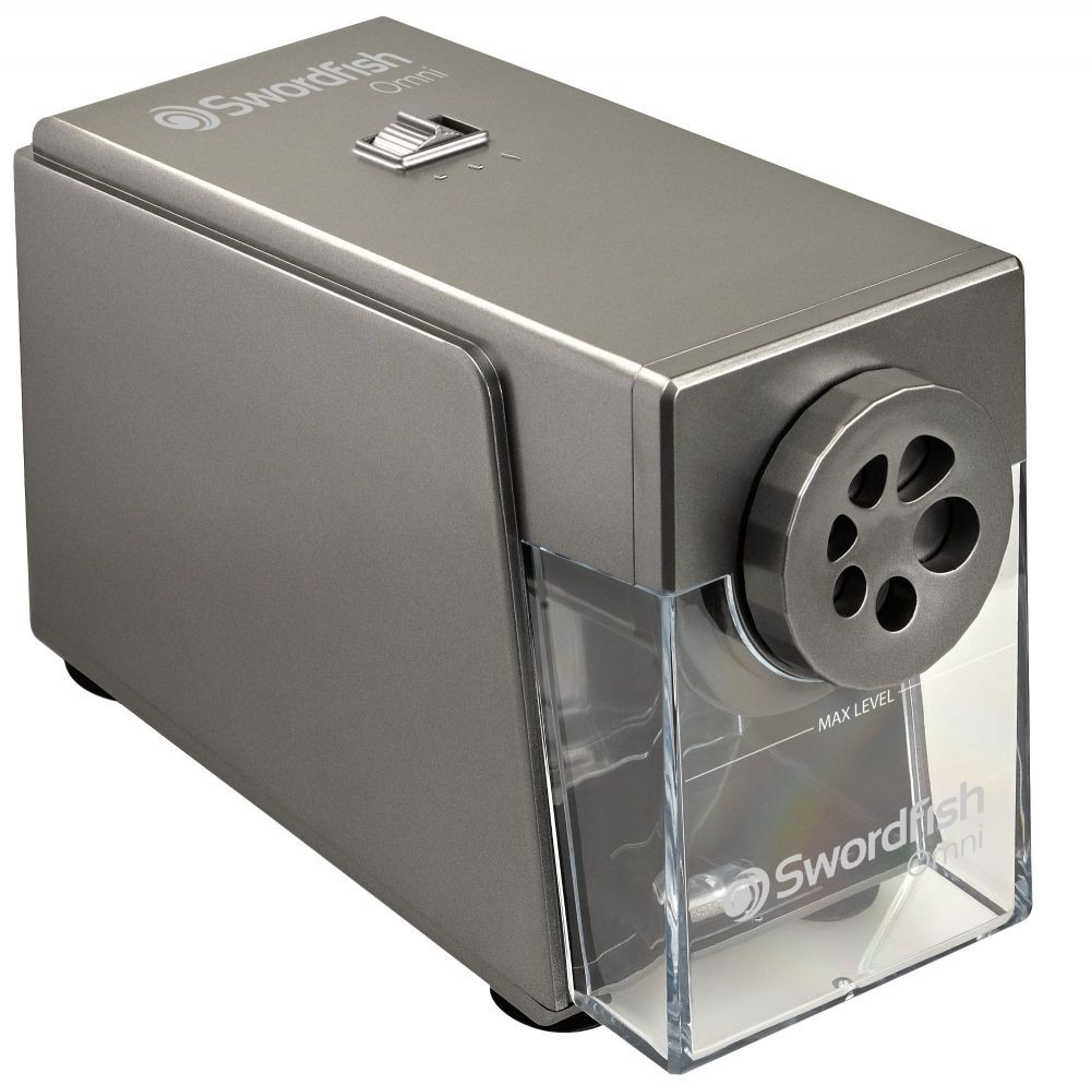 Silver electric pencil sharpener with a clear shavings container, featuring a power switch and multiple sharpening levels on the side.