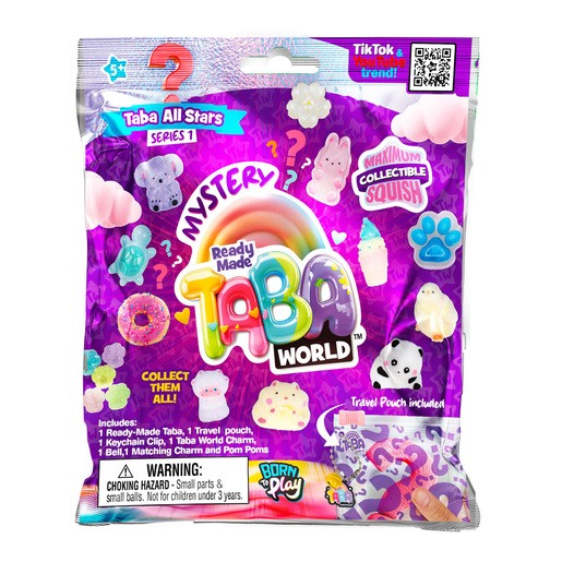 Colorful packaging featuring the Taba World logo, with a rainbow design and various cute collectible figures, including animals and charms, highlighted on a purple background.