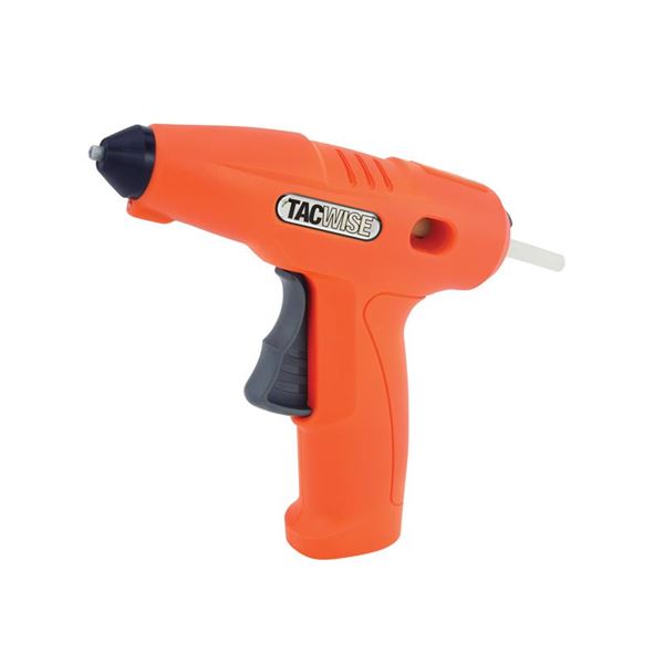 Bright orange cordless glue gun with a black trigger and nozzle, featuring a sleek design and a label reading "TACWISE," suitable for hot melt adhesive applications.