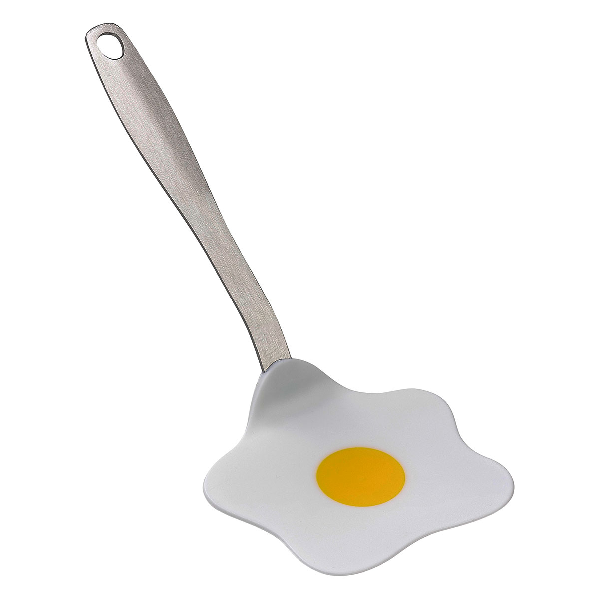 White silicone spatula shaped like a fried egg with a yellow center, featuring a stainless steel handle for easy grip and durability.