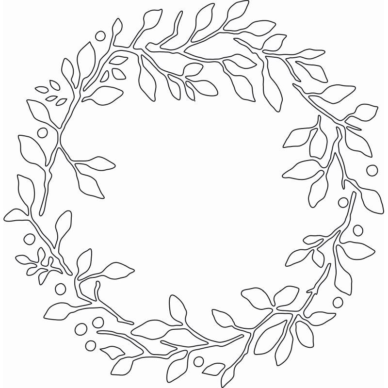 Circular stencil featuring a tattered wreath design, outlined in black with intricate leaves and small berries, ideal for crafting and decorative projects.