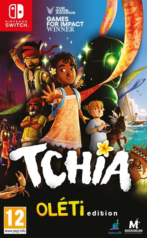 Colorful game cover featuring a girl with flowers in her hair, surrounded by characters and tropical elements, with "Tchia: Oléti Edition" prominently displayed at the bottom.