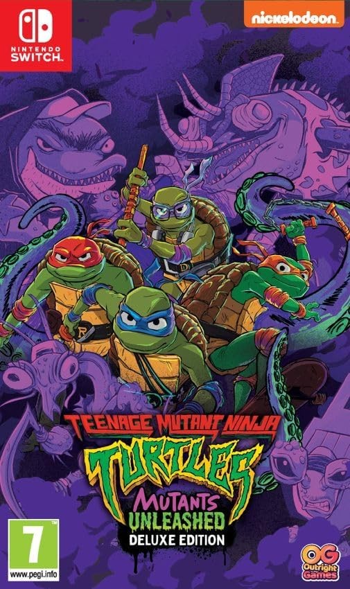 Colorful video game cover featuring the Teenage Mutant Ninja Turtles in action poses, with vibrant purple background, and bold text highlighting "Mutants Unleashed Deluxe Edition."