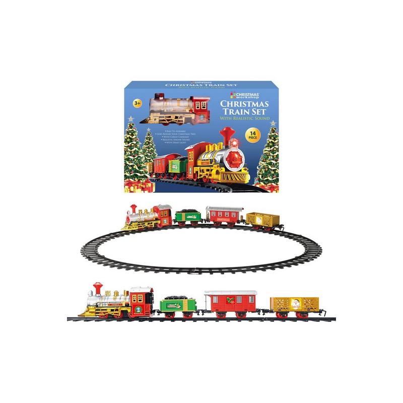Colorful battery-operated Christmas train set featuring three carriages, a red engine, green and yellow cars, and a circular track, all packaged in a festive box with holiday imagery.