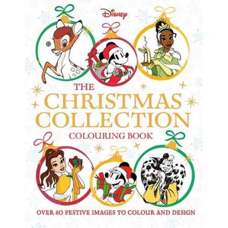 A colorful paperback coloring book featuring Disney characters like Bambi, Mickey Mouse, and Belle, with festive designs and a cheerful holiday theme.