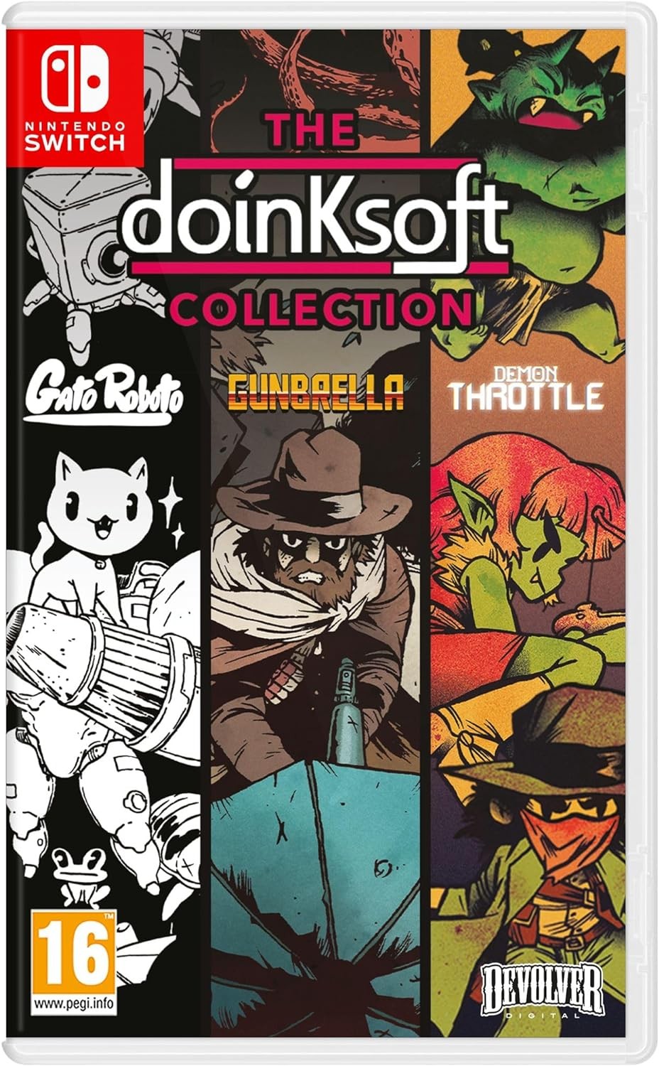 The Doinksoft Collection for Switch features vibrant, comic-style artwork with characters like a robot, a cowboy, and monsters, set against a colorful background.