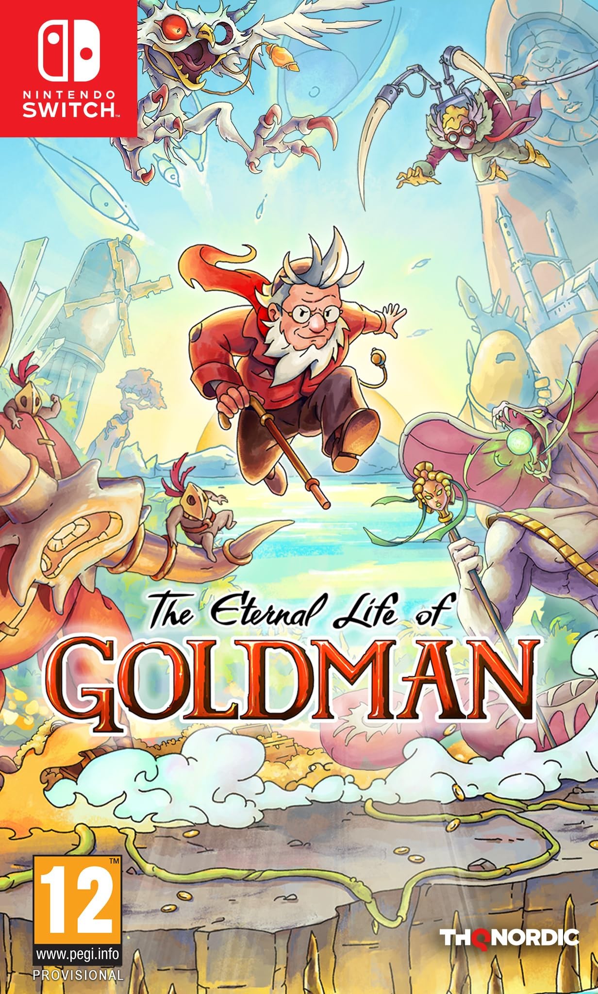 Colorful video game cover featuring a whimsical character with a beard, holding a staff, surrounded by fantastical creatures and landscapes, titled "The Eternal Life of Goldman" for Nintendo Switch.