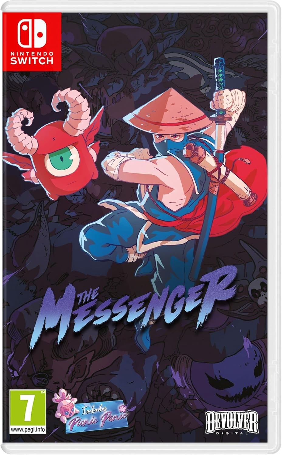The Messenger - Switch features a vibrant cover with a ninja character in blue attire, a red creature, and a dark, intricate background with purple and black tones.
