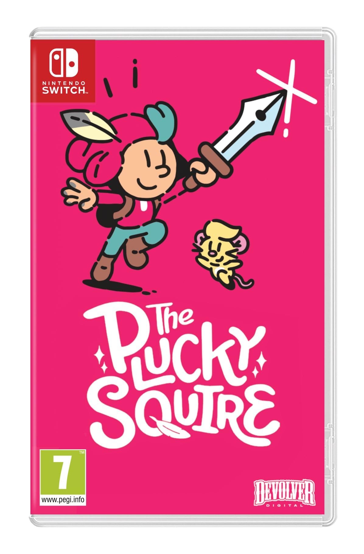 The Plucky Squire game case features a vibrant pink background, a cartoon character wielding a sword, and a small creature, with bold text displaying the title and age rating.