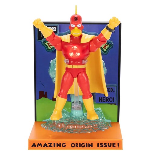 Radioactive Man collectible figure stands 12cm tall, featuring a bright red costume, yellow gloves and boots, a cape, and a base with "AMAZING ORIGIN ISSUE!" text.