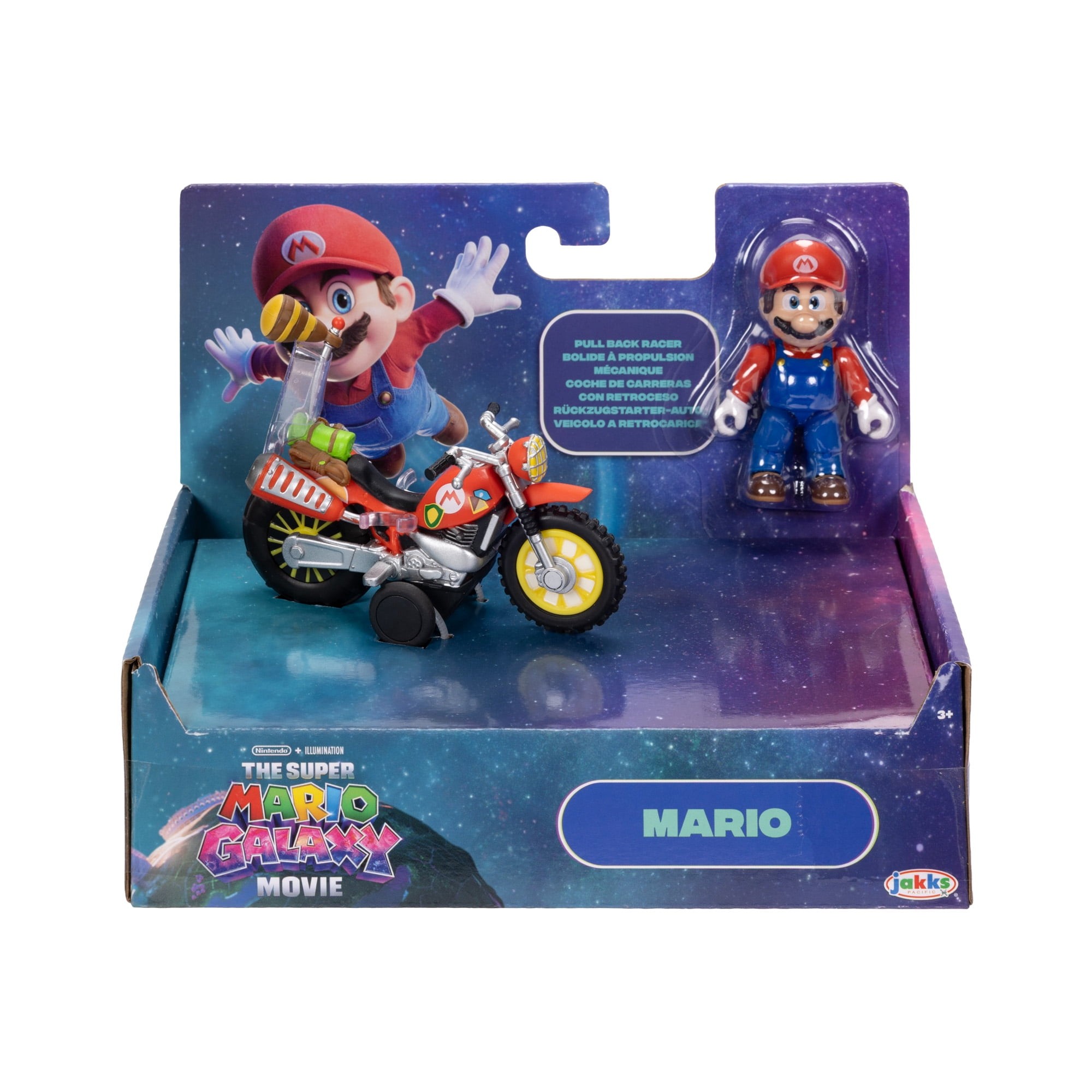 2.5-inch Mario action figure with a red and green pull-back motorcycle, featuring colorful detailing, packaged in a vibrant box themed around the Super Mario Galaxy movie.
