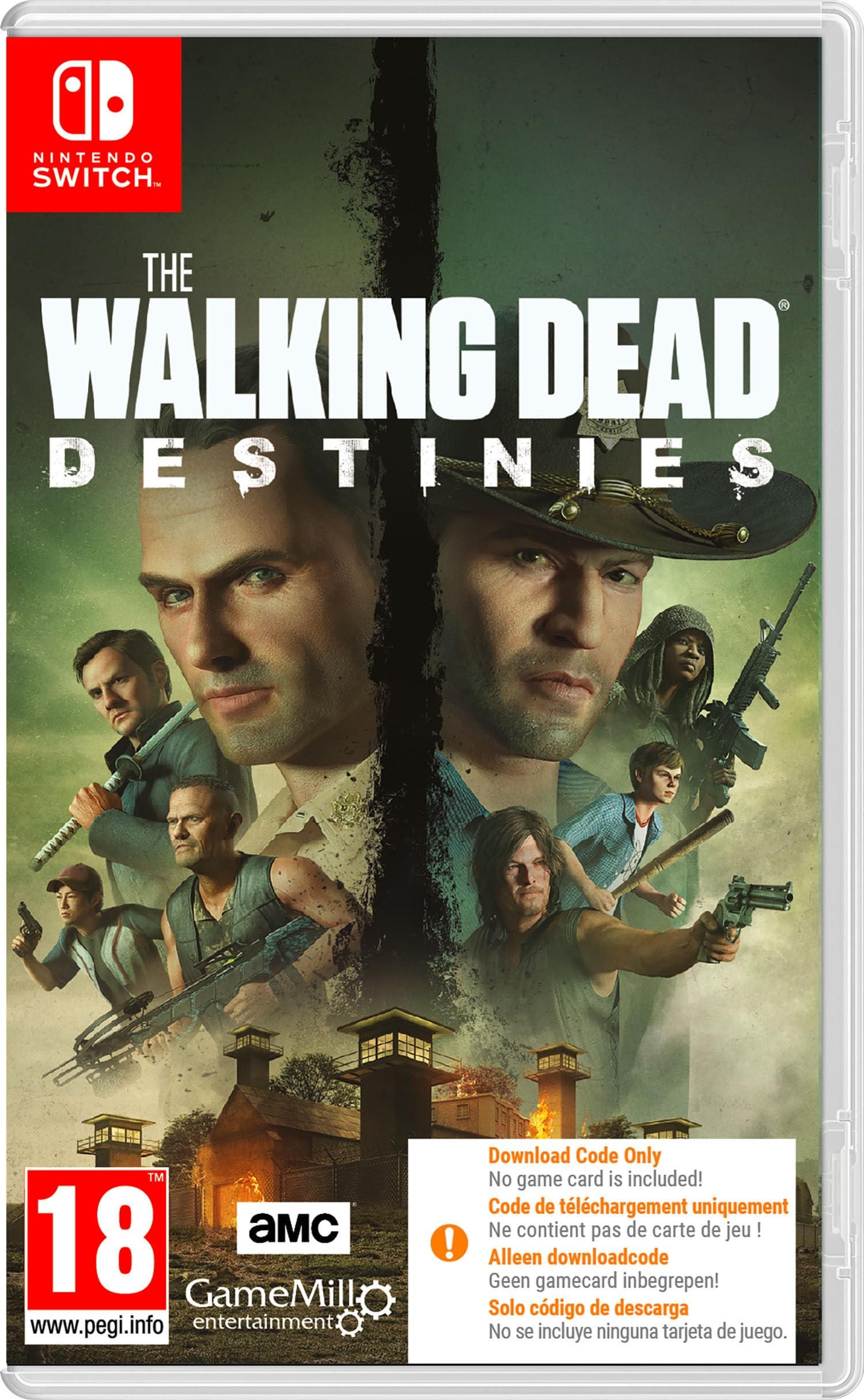 The Walking Dead Destinies for Nintendo Switch features a colorful cover with characters from the series, a dark background, and the GameMill Entertainment logo at the bottom.
