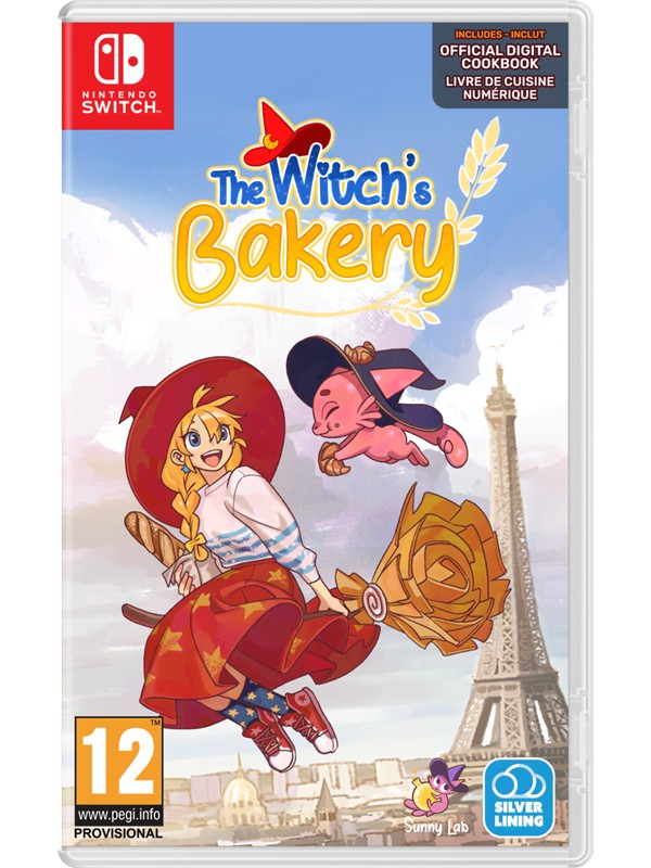 Colorful game cover featuring a girl in a red hat and dress, flying with a pink creature, with a Parisian backdrop and the title "The Witch's Bakery" prominently displayed.