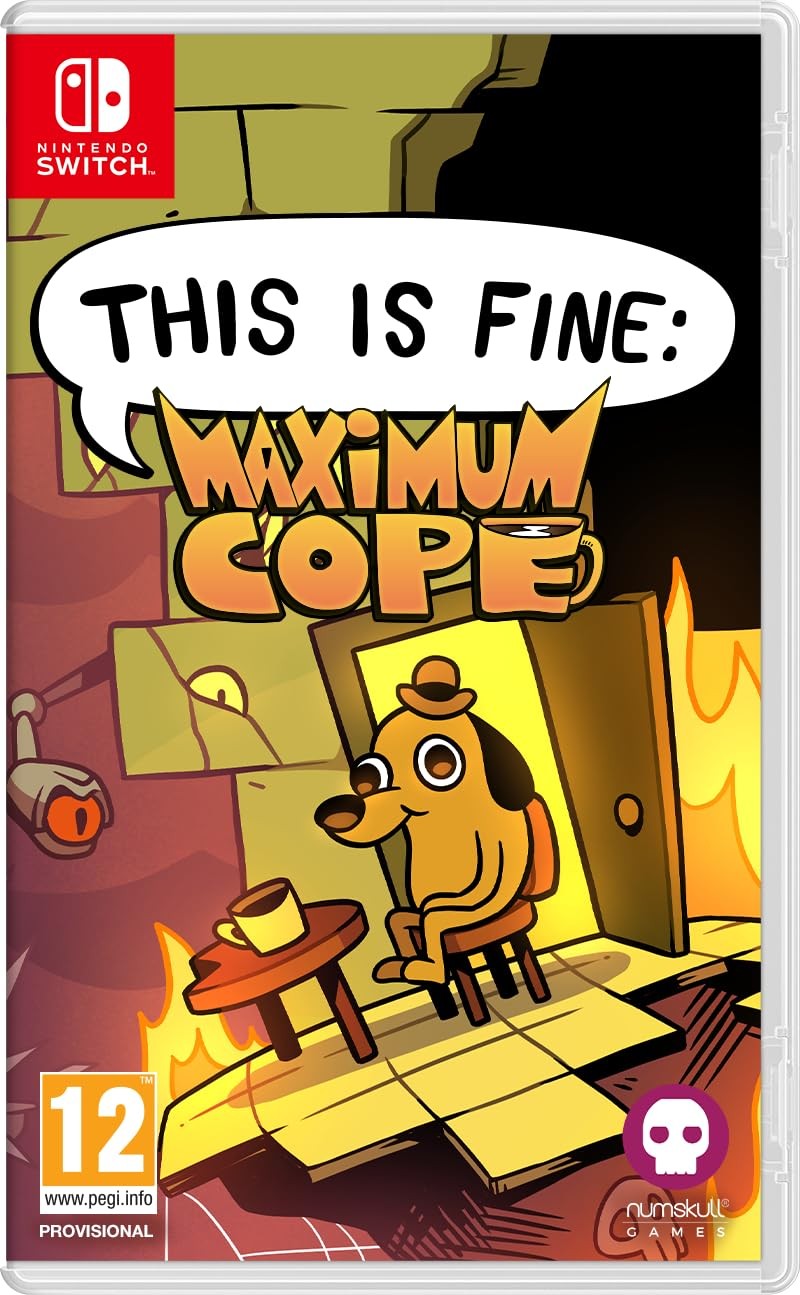 Nintendo Switch game case featuring a cartoon dog in a hat sitting at a table in a room on fire, with the title "THIS IS FINE: Maximum Cope" prominently displayed above.
