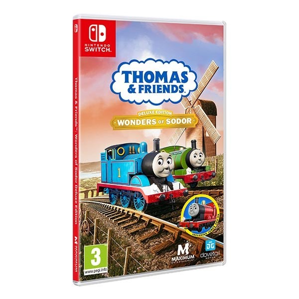 Nintendo Switch game case featuring "Thomas & Friends: Wonders of Sodor Deluxe Edition," with colorful artwork of Thomas and friends in a scenic landscape.
