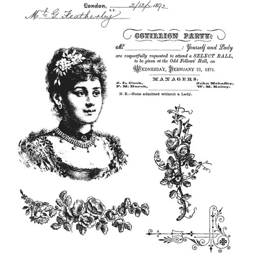 Black and white Victorian-style stamp featuring an elegant woman in a detailed dress, surrounded by floral designs and ornate text, evoking a historical invitation.