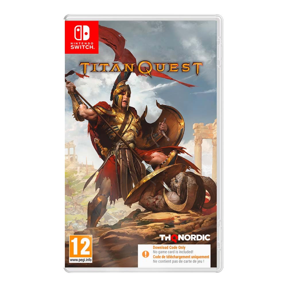 Titan Quest CIAB for Nintendo Switch features a warrior in golden armor wielding a shield and spear, set against a backdrop of ancient ruins, with vibrant colors and a bold title.