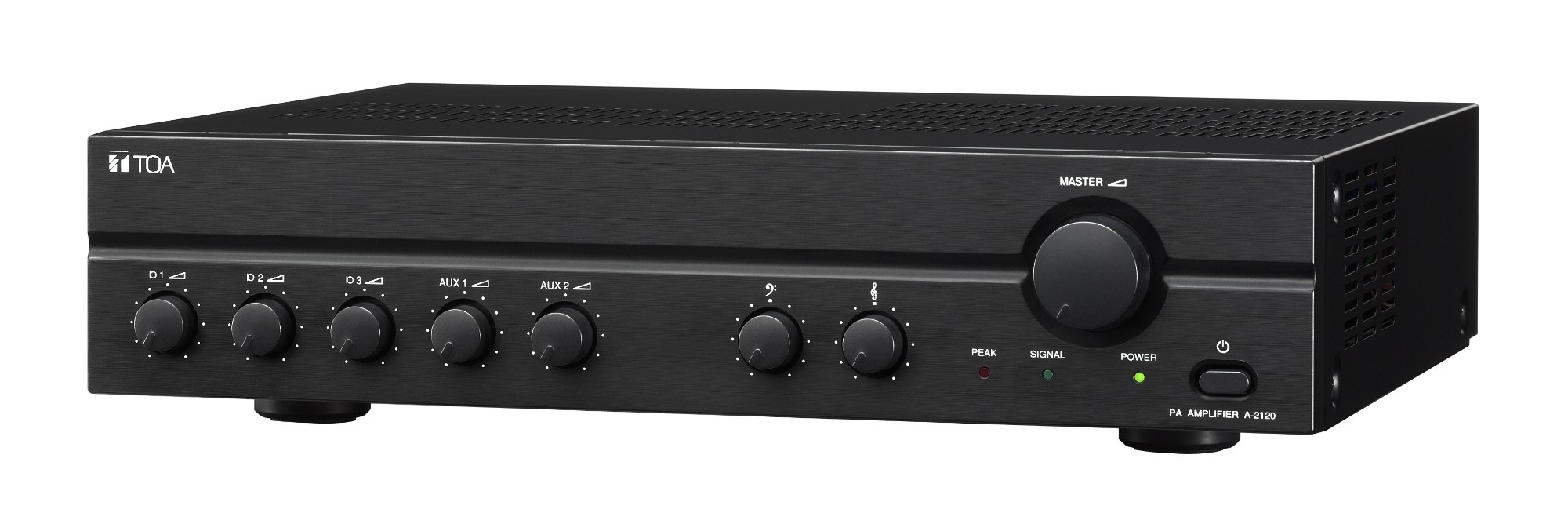 Black TOA A-2120 audio amplifier featuring multiple control knobs, a power indicator, and a sleek metal design, ideal for performance and stage use.