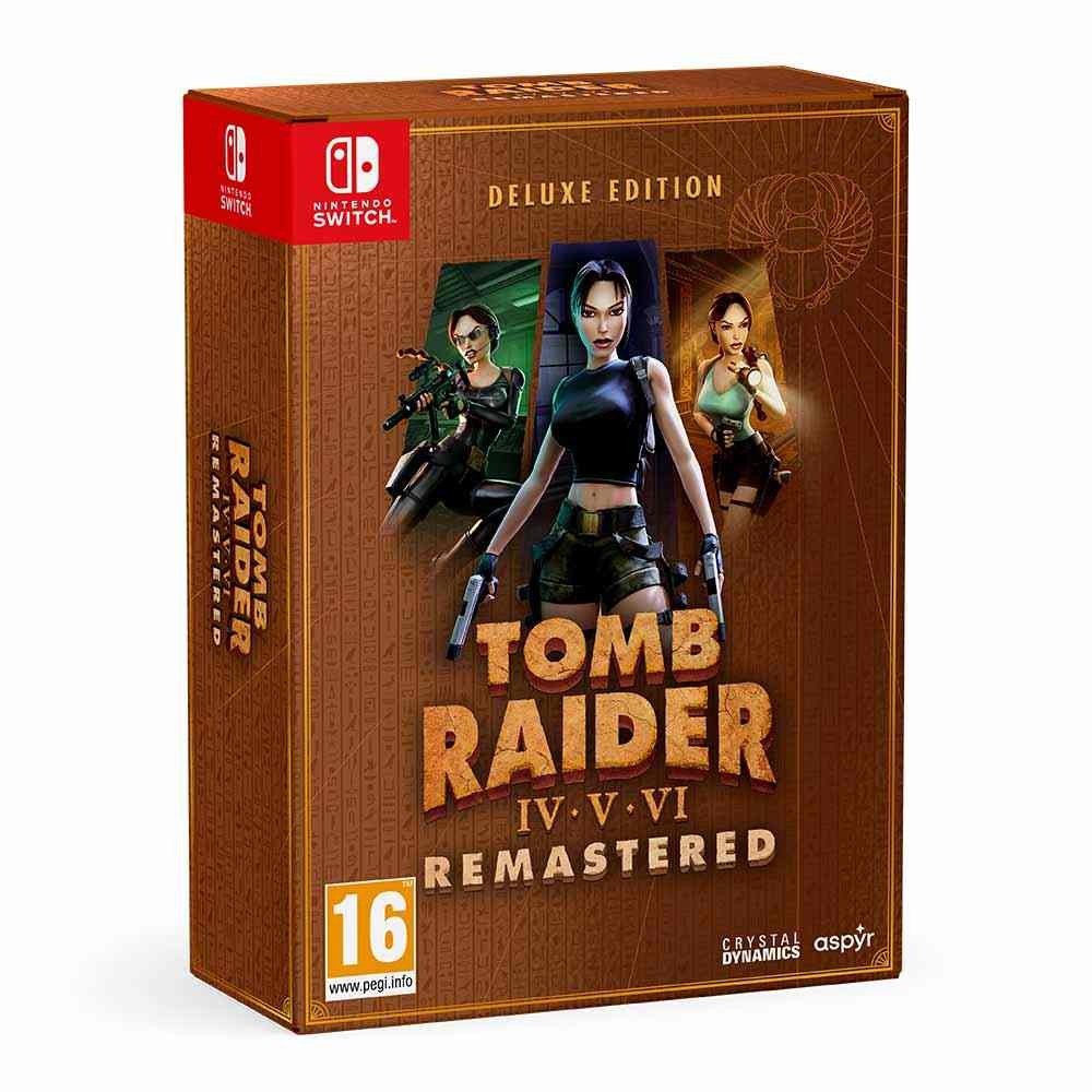 Tomb Raider IV-VI Remastered Deluxe Edition for Switch features a gold and brown box with artwork of Lara Croft and game details prominently displayed on the front.