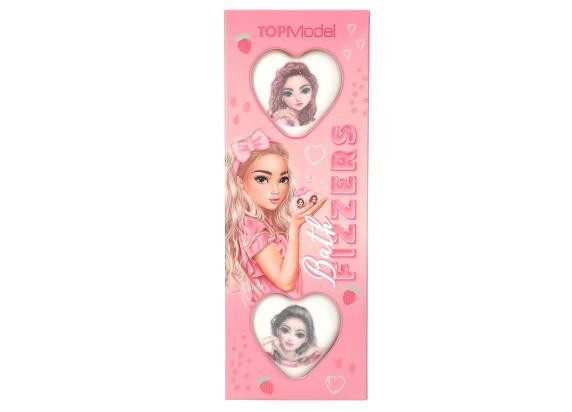 Three colorful bath fizzers in a pink packaging featuring illustrations of two girls with bows, hearts, and the text "Bath Fizzers" prominently displayed.