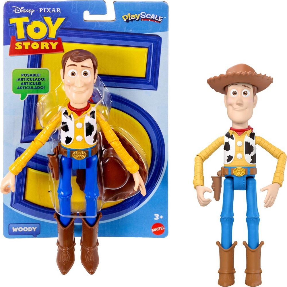 9.2-inch tall Woody action figure from Toy Story, featuring a cowboy hat, yellow shirt with cow print vest, blue pants, and brown boots, with 14 posable joints and packaged in colorful box.
