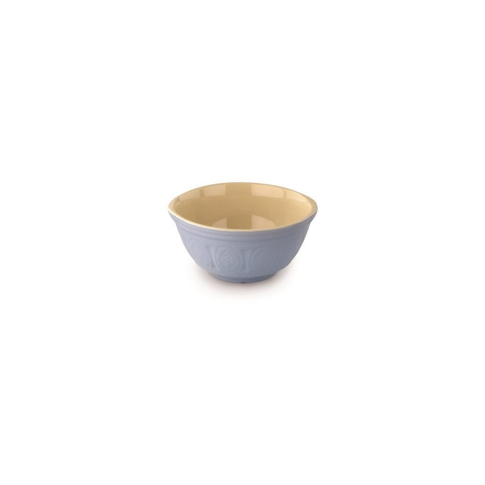 Light blue stoneware mixing bowl with a textured exterior and a smooth beige interior, measuring 11 inches in diameter, featuring a retro design.