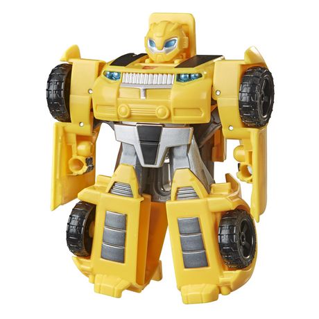 Bumblebee action figure in bright yellow with black wheels, silver accents, and blue eyes, featuring movable arms and legs for dynamic poses.