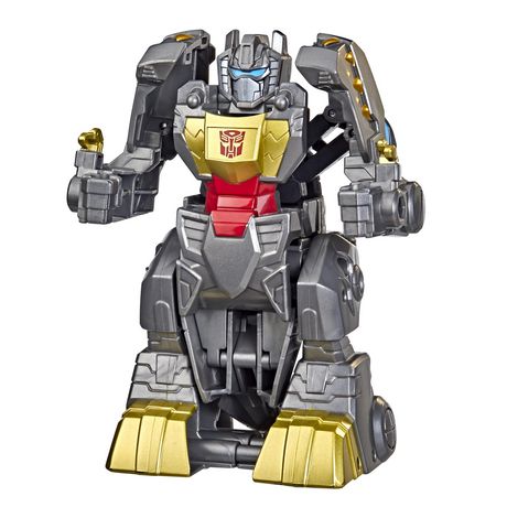 Gray and gold Transformers action figure of Grimlock, featuring a red chest emblem and movable arms, designed for kids ages 3 and up, standing 4.5 inches tall.