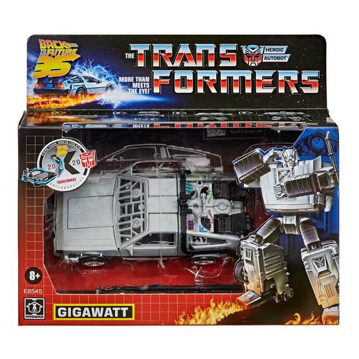 Transformers Collaborative Gigawatt action figure features a detailed silver DeLorean car design, with a blue and gray robot form, packaged in a colorful box with Back to the Future branding.