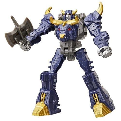 Transformers Cyberworld Cyber Changers Megatron action figure features a blue and gray robot with gold horns, red eyes, and a silver axe, showcasing detailed mechanical design and sturdy construction.