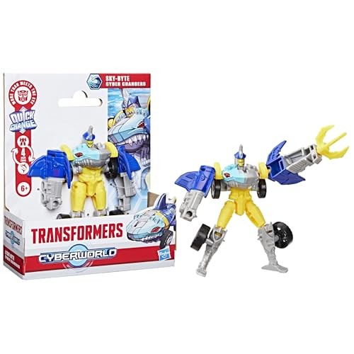 Transformers CYBERWORLD Cyber Changers Sky-Byte action figure features a blue and yellow robot with a shark-themed design, silver mechanical arm, and a packaging showcasing the character.