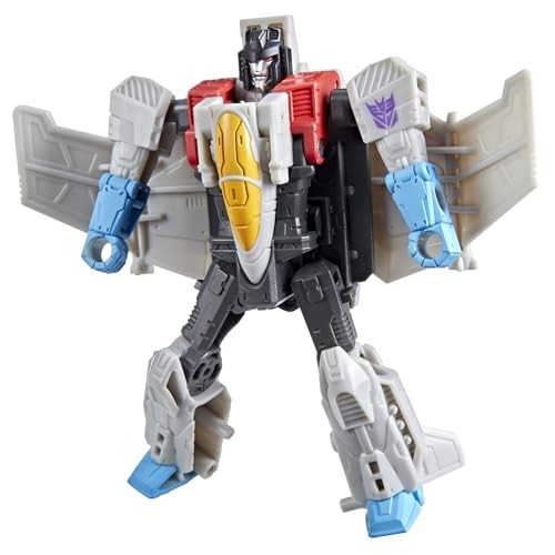 Transformers Cyberworld Starscream action figure features a black and gray body with red and yellow accents, blue feet, and wing-like arms, showcasing detailed mechanical design.