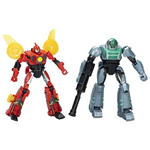 Two action figures: a red and yellow robot with wings and a black and red torso, alongside a gray and green robot holding a black weapon, both made of plastic.