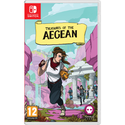 Colorful game cover for "Treasures of the Aegean" featuring a female character running in a vibrant Aegean landscape with ruins, surrounded by other adventurers.